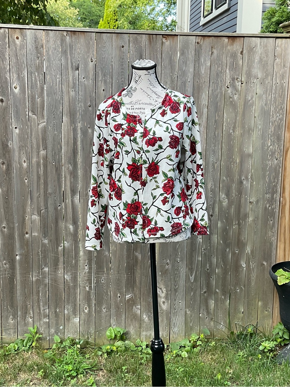 SHEIN White Long-Sleeve Top with Large Red Rose Print